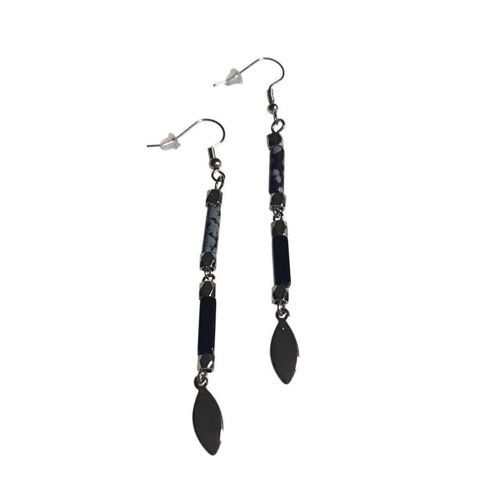 Black Hematite Snowflake Obsidian Dangle Earrings Handmade Jewelry Women Gift